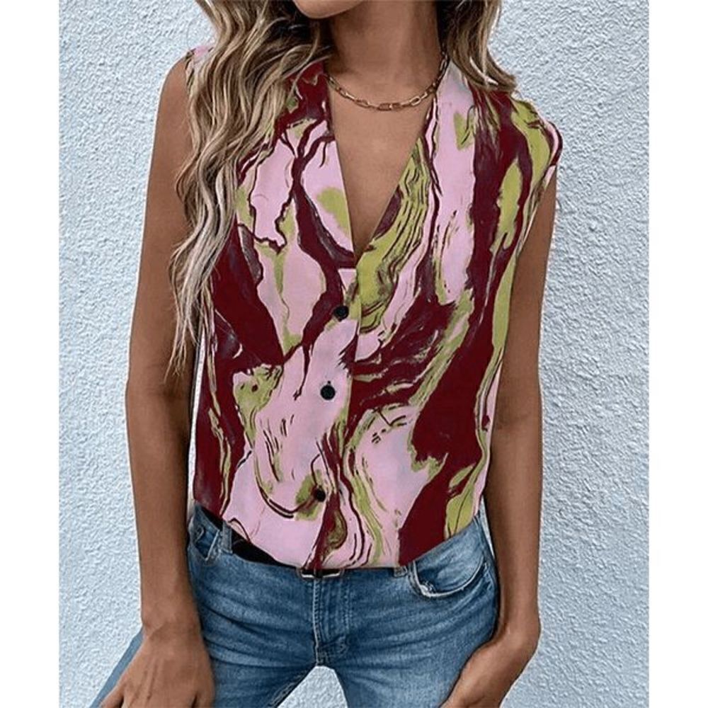 Women's Wine & Pink Marbled Sleeveless Button-Up V-Neck Top L 1927-D3